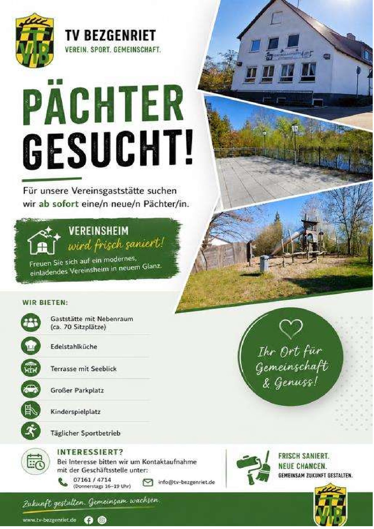 Gastronomie Immobilien: Gaststätte wird momentan saniert, d.h. es werden neue Stromleitungen und neue Wasser- und Heizungsrohre installiert. Die Küche ist im Jahr 2003 komplett saniert worden und ist komplett aus Edelstahl.
Der Vereinsgaststätte schließt sich eine Sporthalle an und auf dem Sportgelände wird von der Stadt Göppingen ein Kunstrasenspielfeld angelegt. - Vereinsheim Bezgenriet