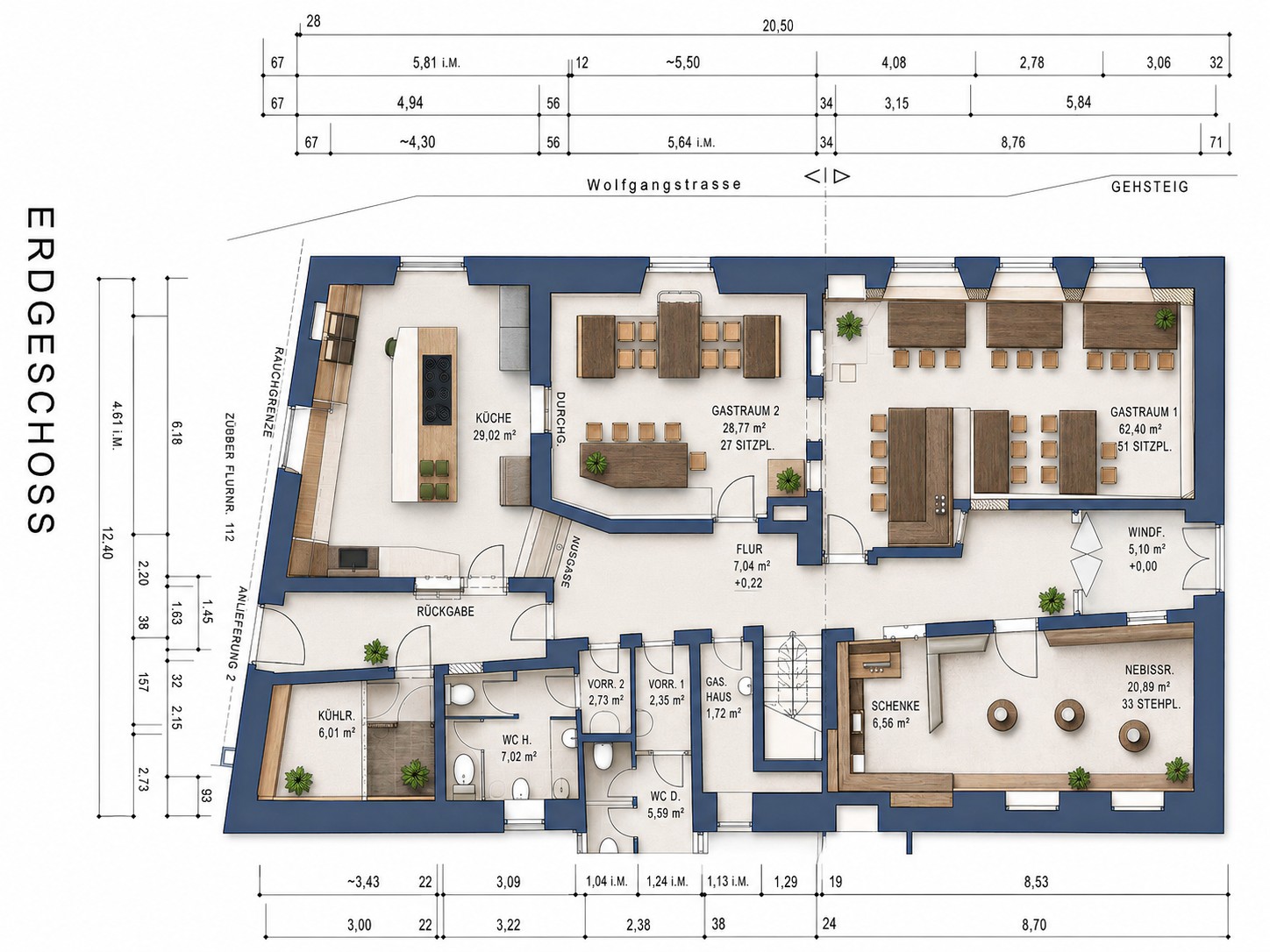 Gastronomie kaufen pachten: EG Grundriss - Historisches Gasthaus am Marktplatz: Restaurant, Saal, Betreiberwohnung & Ausbaupotenzial
