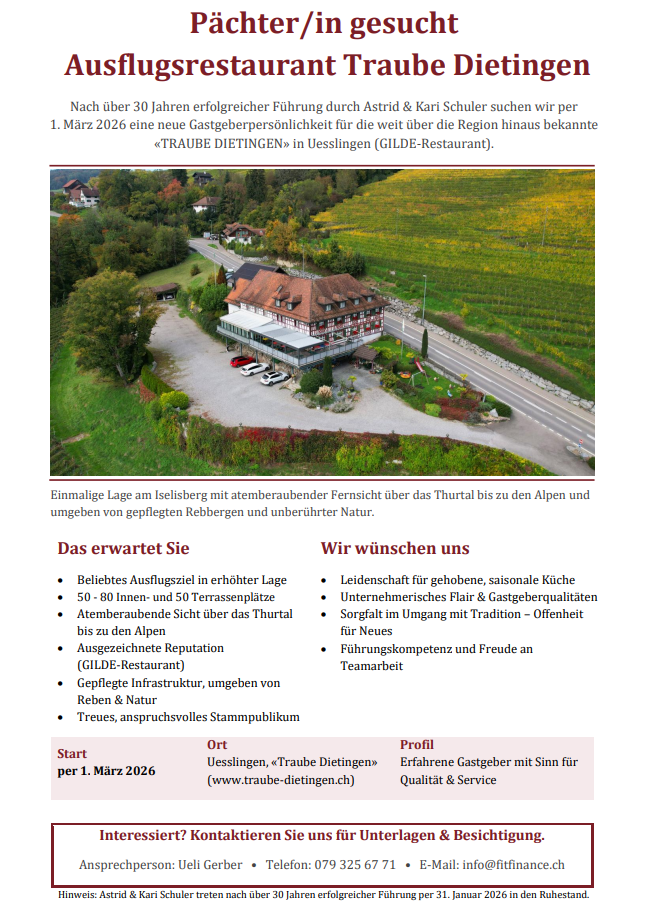 Hotel Immobilien - Landeszuordnung: Schweiz - Ausflugsrestaurant Traube Dietingen